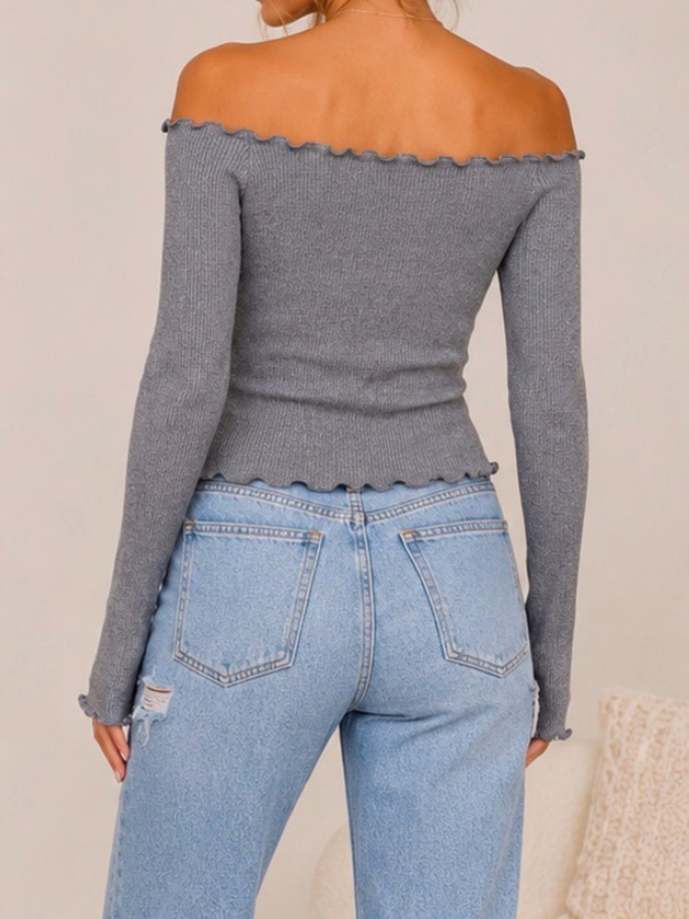 Hollister Gray Off-Shoulder Ruffle-Edge Long Sleeve Top - Picture 2 of 7